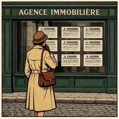 Une femme devant une agence immobilière regardant les annonces de vente et location