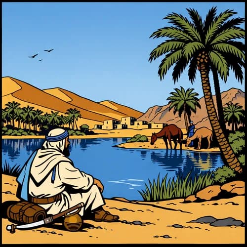Un homme est assis au bord d'une oasis dans un paysage désertique. En référence à Cashbah.