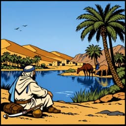 Un homme est assis au bord d'une oasis dans un paysage désertique. En référence à Cashbah.