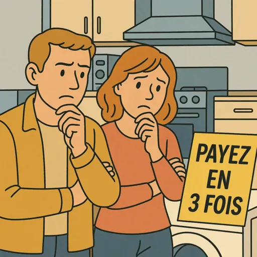 Un couple hésitant à acheter un produit dans un magasin d'électroménager