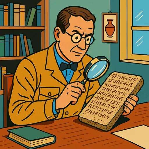 Un archéologue déchiffrant une écriture antique gravée sur une tablette en pierre