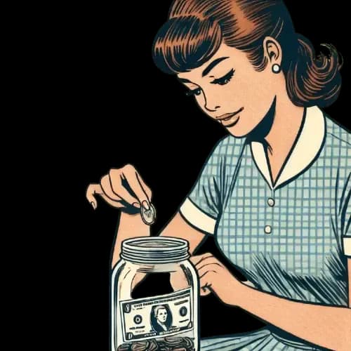 Une femme mettant des pièces dans un bocal de verre pour économiser