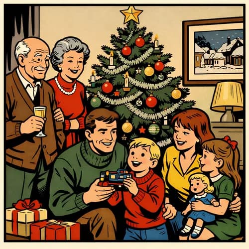 Une famille rassemblée autour d'un sapin de Noël