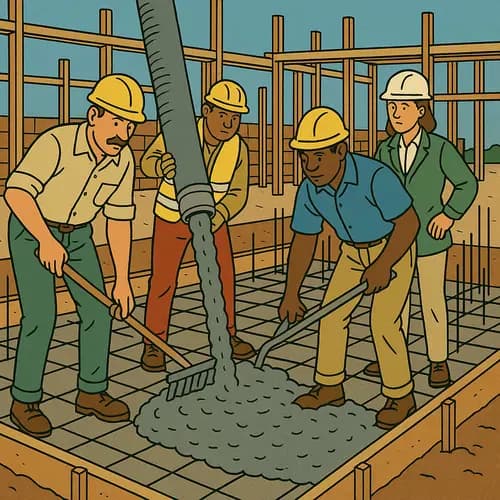 Des ouvriers en train de couler des fondations en béton symbolisant la construction d'un patrimoine.