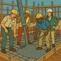 Des ouvriers en train de couler des fondations en béton symbolisant la construction d'un patrimoine.