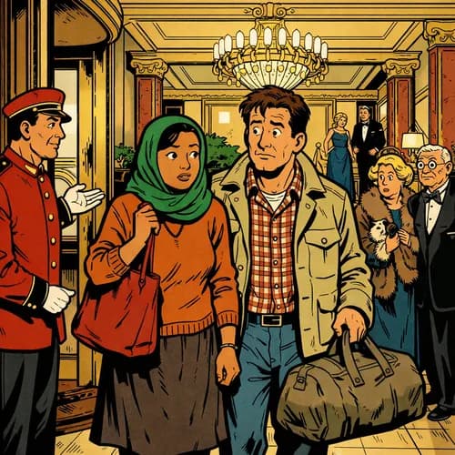 Un couple de gens simples entre dans un hôtel de luxe. Symbole du décalage entre les investissements pour les riches et les particuliers.