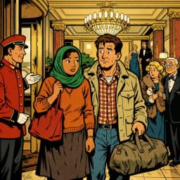 Un couple de gens simples entre dans un hôtel de luxe. Symbole du décalage entre les investissements pour les riches et les particuliers.