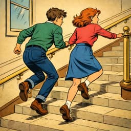 Deux ados font la course dans un escalier. Symbolise les échelons de la richesse