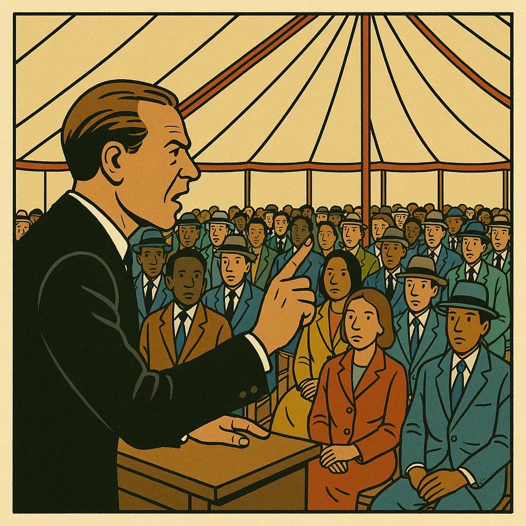 Un prédicateur s'adresse à une foule, symbolisant les finfluenceurs