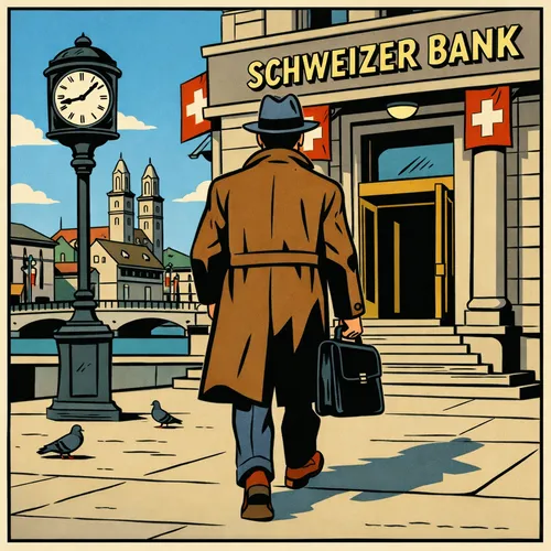 Un homme se dirige vers une banque en Suisse, symbolisant la localisation des actifs