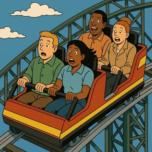 4 adultes sur des montagnes russes, symbolisant les hauts et bas des cycles économiques