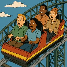 4 adultes sur des montagnes russes, symbolisant les hauts et bas des cycles économiques
