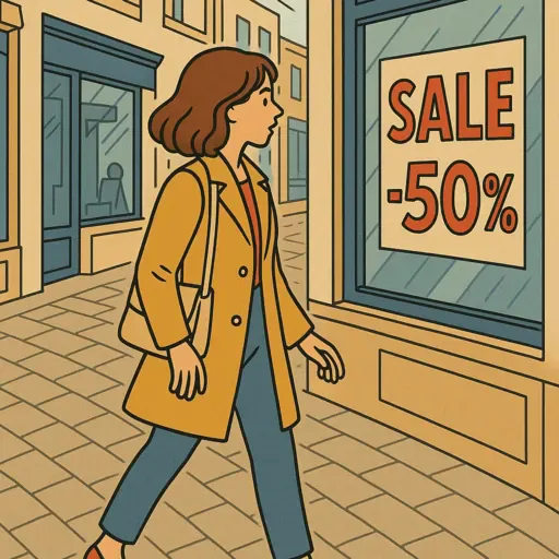Une femme s'arrête devant une boutique qui propose des réductions, symbolisant l'importance de la comparaison des prix.