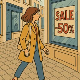 Une femme s'arrête devant une boutique qui propose des réductions, symbolisant l'importance de la comparaison des prix.