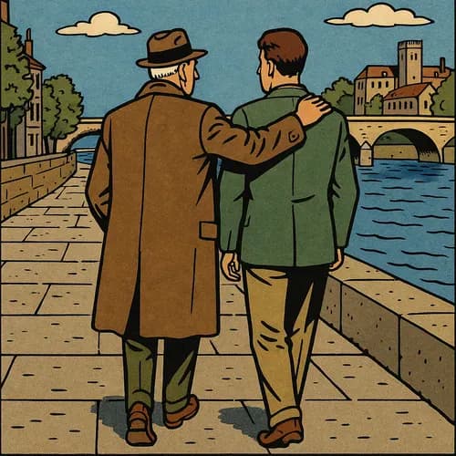 Père et fils marchant ensemble sur un quai, symbolisant la transmission des valeurs financières et l'éducation à l'argent