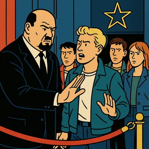 Un videur de boite de nuit, repousse un groupe de jeunes gens, symbolisant l'illusion de l'accessibilité