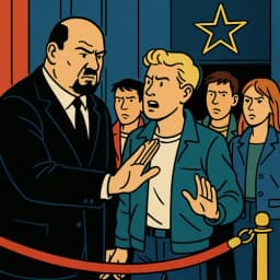 Un videur de boite de nuit, repousse un groupe de jeunes gens, symbolisant l'illusion de l'accessibilité