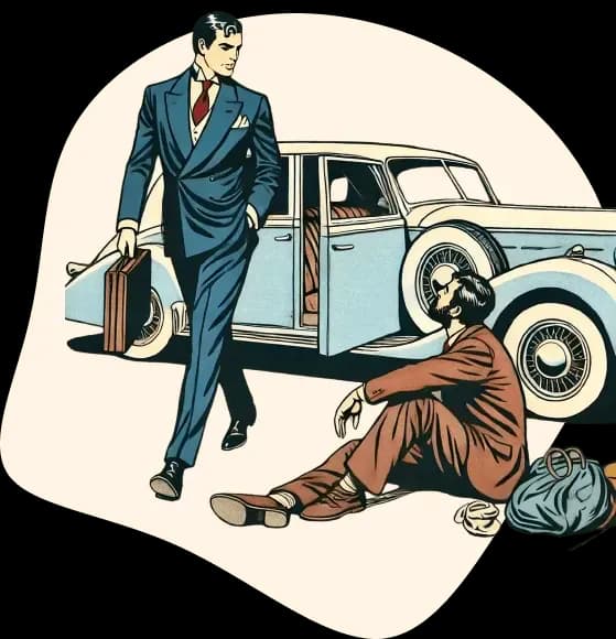 Un homme riche élégant passe devant un homme pauvre assis sur le trottoir