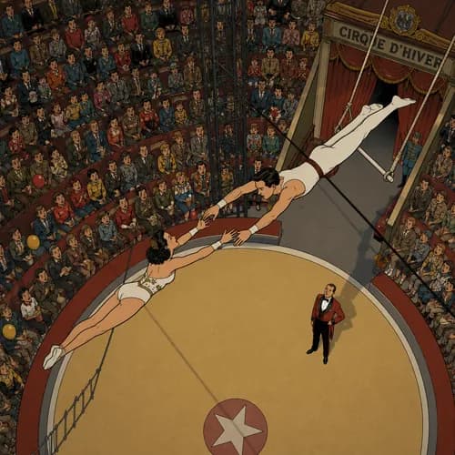 Deux trapézistes se rejoignant dans les airs dans un cirque, symbolisant la capture du risque compensé.