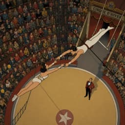 Deux trapézistes se rejoignant dans les airs dans un cirque, symbolisant la capture du risque compensé.