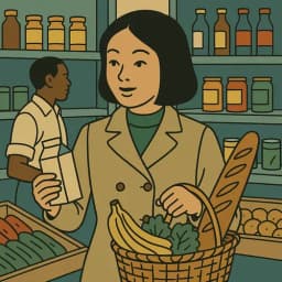 Une femme fait ses courses à l'épicerie. Symbolise le choix des actifs.