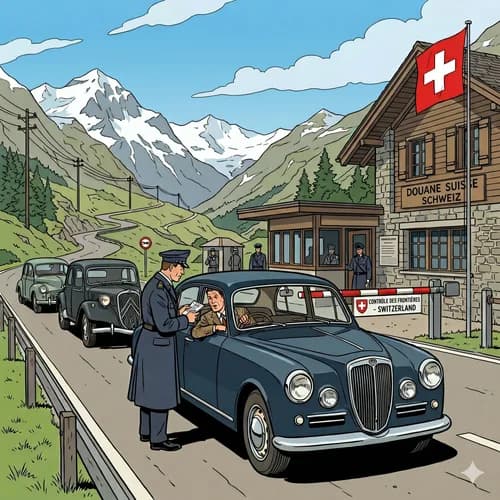 Des voitures sont arrêtées à la frontière Suisse. Les douaniers effectuent un contrôle.