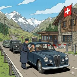 Des voitures sont arrêtées à la frontière Suisse. Les douaniers effectuent un contrôle.