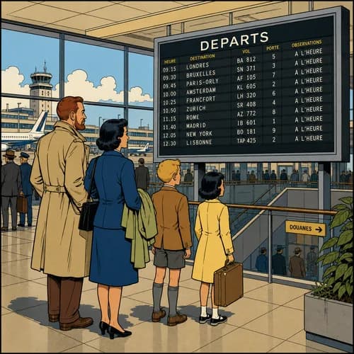 Une famille dans un aéroport regarde un tableau des départs vers Londres, New York, Zurich et d'autres destinations internationales
