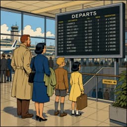 Une famille dans un aéroport regarde un tableau des départs vers Londres, New York, Zurich et d'autres destinations internationales